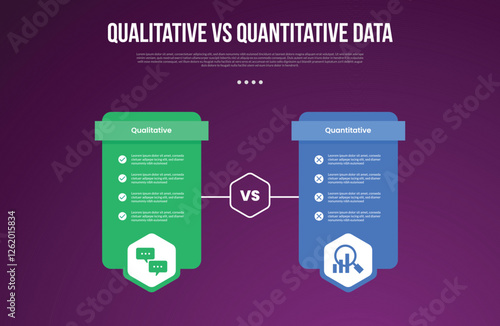 qualitative vs quantitative data infographic outline style with 2 point comparison template with table price box with hexagon badge for slide presentation