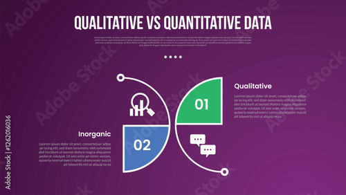 qualitative vs quantitative data infographic outline style with 2 point comparison template with creative outline half circle for slide presentation