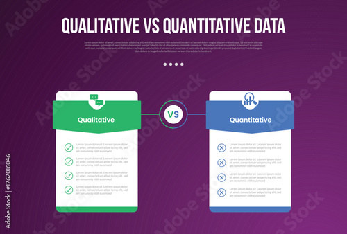 qualitative vs quantitative data infographic outline style with 2 point comparison template with price table box badge with triangle header for slide presentation