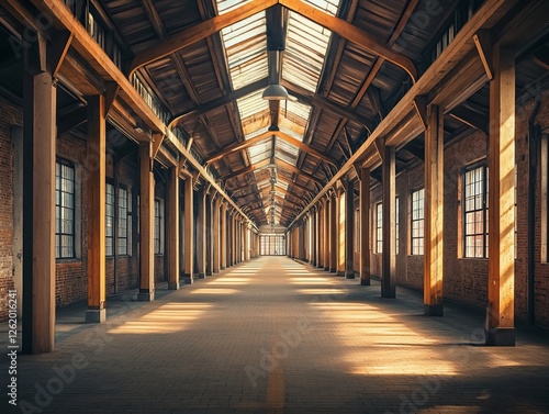 Sunlit industrial warehouse interior with long aisle and brick walls.