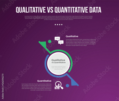 qualitative vs quantitative data infographic outline style with 2 point comparison template with big circle center and slash line divider for slide presentation