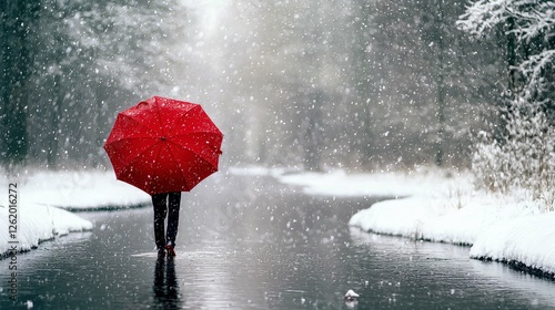 Winter Wonderland: A solitary figure walks through a snowy landscape, carrying a vibrant red umbrella. The scene is serene and peaceful, capturing the essence of a cold winter's day.