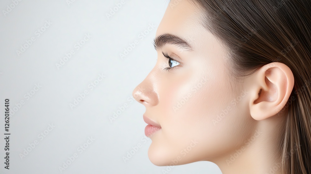 Profile view of a young woman with clear skin against a neutral background, highlighting natural beauty and serene expression. Profile view of a young woman with clear skin against a neutral background, highlighting natural beauty and serene expression.