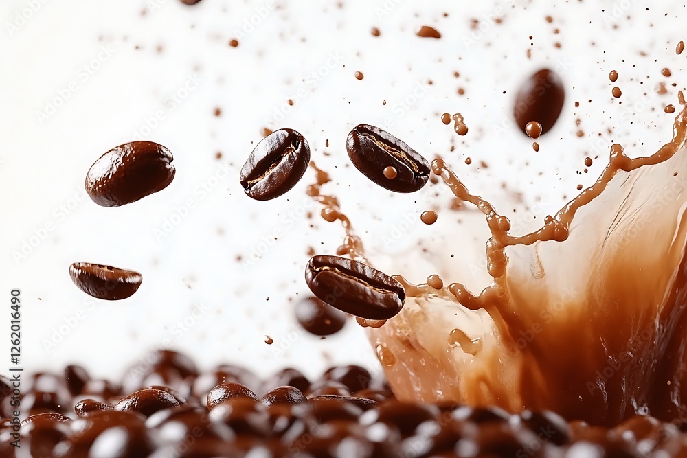 Coffee beans diving into hot coffee, creating a spectacular splash effect, high-speed capture, with an isolated white background for added contrast. Coffee beans diving into hot coffee, creating a spectacular splash effect, high-speed capture, with an isolated white background for added contrast.