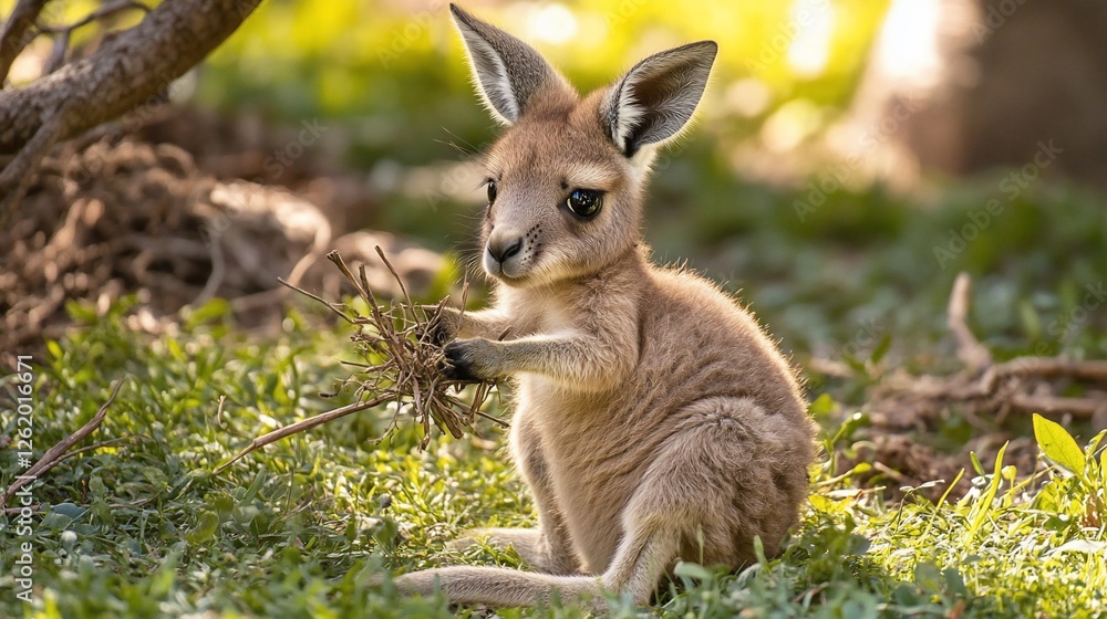 Fototapeta premium Adorable joey kangaroo sitting in grass, holding twigs.