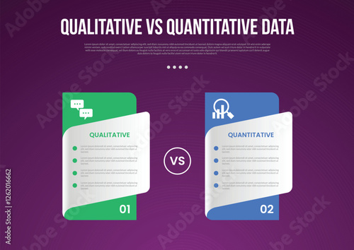 qualitative vs quantitative data infographic outline style with 2 point comparison template with pricing table box style for slide presentation