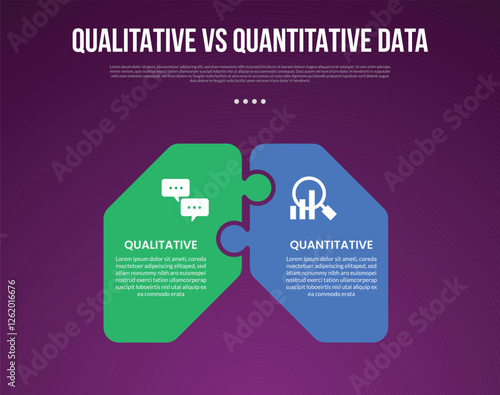 qualitative vs quantitative data infographic outline style with 2 point comparison template with round puzzle box connection for slide presentation