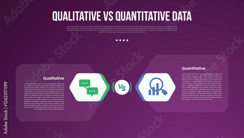 qualitative vs quantitative data infographic outline style with 2 point comparison template with hexagon base opposite direction for slide presentation