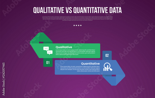 qualitative vs quantitative data infographic outline style with 2 point comparison template with big rectangle ribbon shape up and down for slide presentation