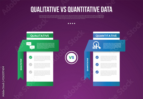 qualitative vs quantitative data infographic outline style with 2 point comparison template with pricing table comparison with long 3D folds ribbon for slide presentation