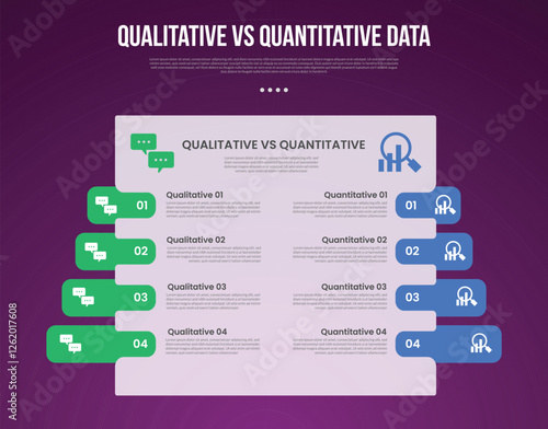 qualitative vs quantitative data infographic outline style with 2 point comparison template with big box table with round box highlight for slide presentation