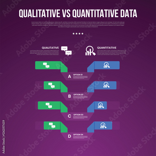 qualitative vs quantitative data infographic outline style with 2 point comparison template with bar percentage with vertical list for slide presentation