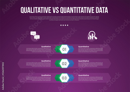 qualitative vs quantitative data infographic outline style with 2 point comparison template with hexagon shape and transparent container as background for slide presentation