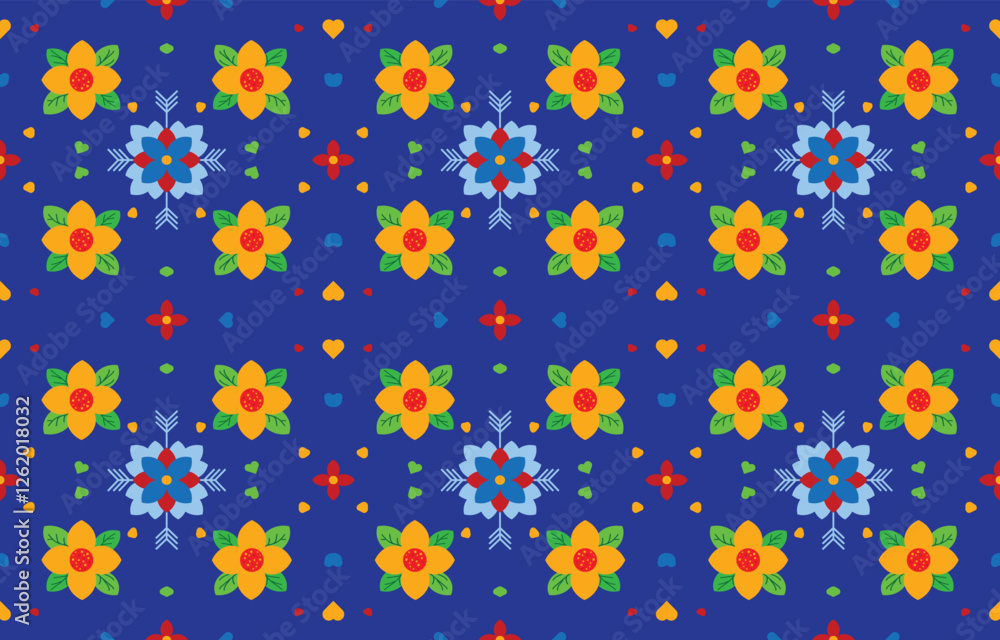 Yellow, red and blue floral pattern with floral arrows. Yellow, green and blue hearts scattered on a blue background. Design web signs, textiles, printing and decorations. Yellow, red and blue floral pattern with floral arrows. Yellow, green and blue hearts scattered on a blue background. Design web signs, textiles, printing and decorations.