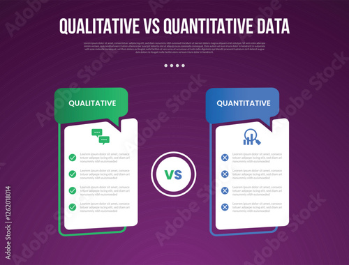qualitative vs quantitative data infographic outline style with 2 point comparison template with creative, table box with callout comment header for slide presentation