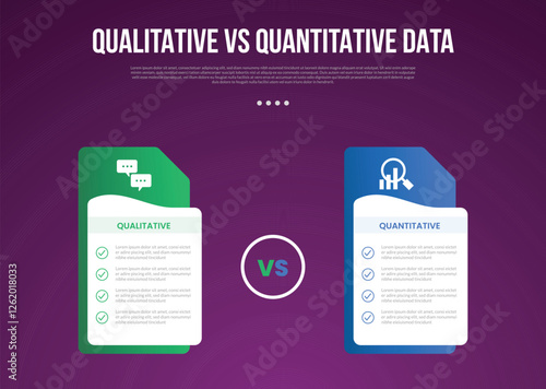 qualitative vs quantitative data infographic outline style with 2 point comparison template with creative table box with folder style stack for slide presentation