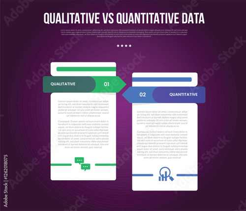 qualitative vs quantitative data infographic outline style with 2 point comparison template with table box container with arrow opposite direction for slide presentation
