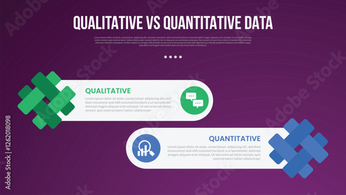 qualitative vs quantitative data infographic outline style with 2 point comparison template with round rectangle with hashtag shape on edge for slide presentation