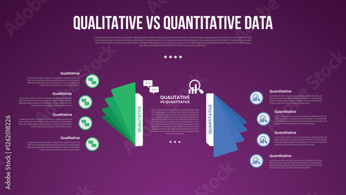 qualitative vs quantitative data infographic outline style with 2 point comparison template with flip paper style with gradient color for slide presentation