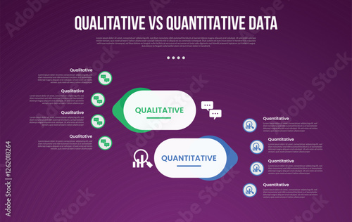 qualitative vs quantitative data infographic outline style with 2 point comparison template with round rectangle and arrow opposite direction for slide presentation