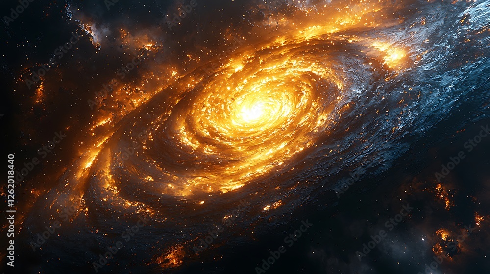 Fototapeta premium Cosmic Inferno: A swirling nebula of fiery orange and blue hues illuminates the vast expanse of space, creating a breathtaking cosmic spectacle that evokes a sense of awe and wonder.