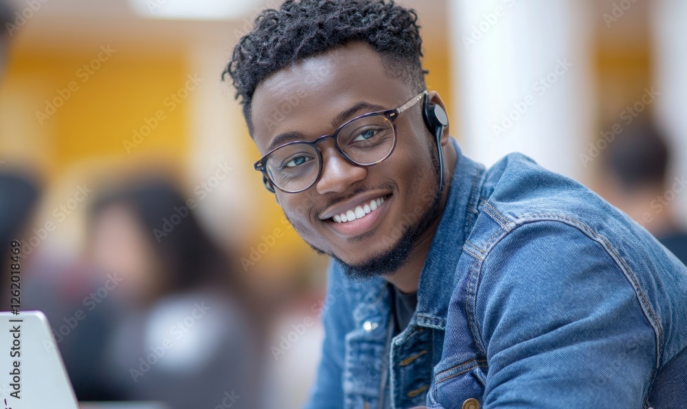 Smiling man with glasses working on a laptop in a bright office, wearing earphones and leaning forward in a casual denim jacket, Generative AI Smiling man with glasses working on a laptop in a bright office, wearing earphones and leaning forward in a casual denim jacket, Generative AI