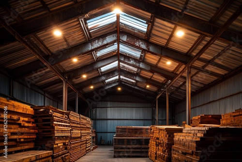 Wallpaper Mural Interior of a spacious warehouse with stacked lumber, illuminated by skylights and artificial lighting. Torontodigital.ca