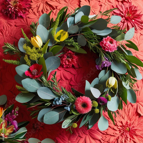 beautiful vibrant A floral background with a wreath of eucalyptus and flowers