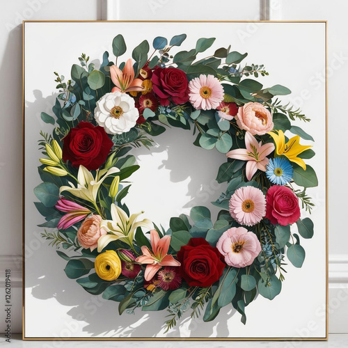 beautiful vibrant A floral pattern with a wreath of eucalyptus and flowers