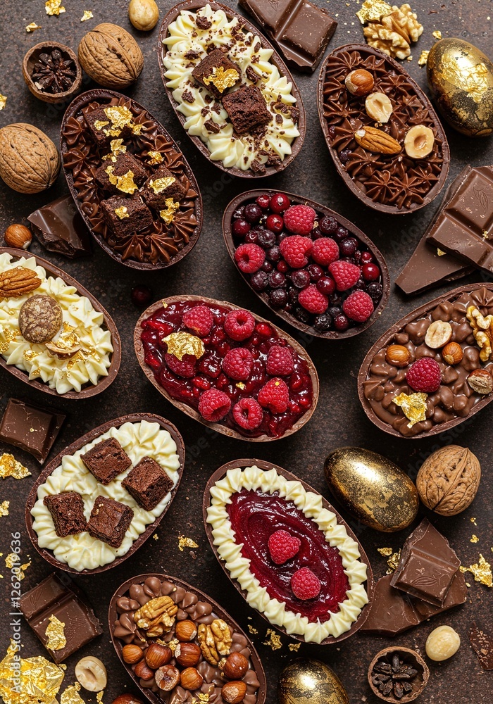 Gourmet Chocolate Easter Egg Halves with Assorted Toppings - Top View Gourmet Chocolate Easter Egg Halves with Assorted Toppings - Top View