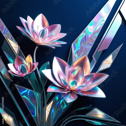 beautiful vibrant A futuristic floral background with metallic and holographic elements