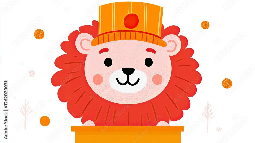 Fototapeta premium Adorable Cartoon Lion in a Hat: A Cute and Cheerful Animal Illustration
