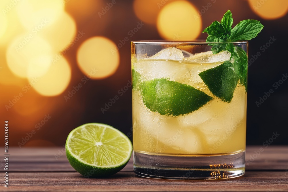 Fototapeta premium Refreshing margarita cocktail is garnished with lime and mint against bokeh background