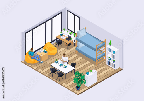 Isometric Characters, Personage. Large bright room in the student dormitory for recreation. Students communicate and study
