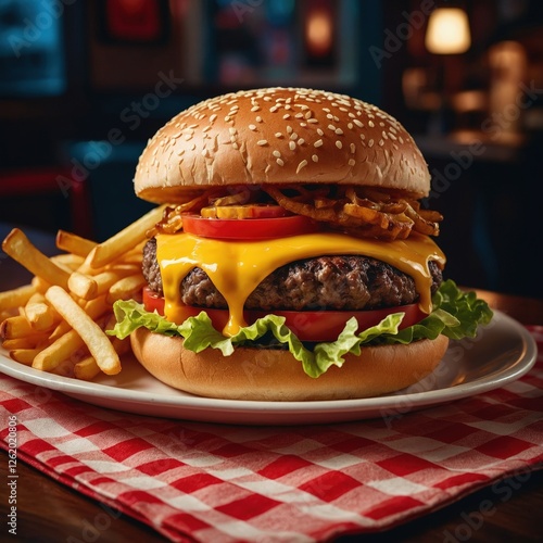 Classic burger with fries and soda at restaurant, Photograph