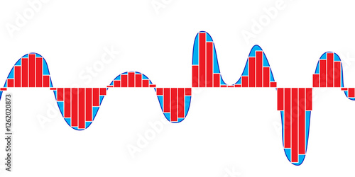 Red and blue parabolic curves of analog to digital conversion circuit or DAC. Discretization of signal in time and quantization in level. Vector illustration