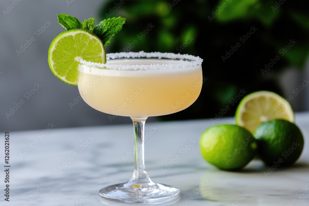 Margarita cocktail garnished with lime and mint on marble table Margarita cocktail garnished with lime and mint on marble table