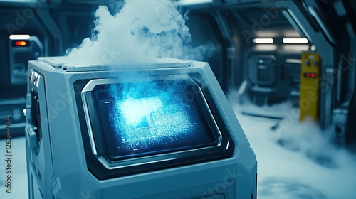Fototapeta Naklejka Na Ścianę i Meble -  Cryogenic unit malfunctioning in spaceship lab, digital data error