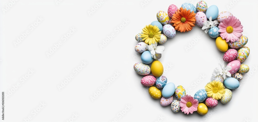 a handmade Easter wreath with flowers, ribbons, and mini eggs, charming spring decoration, isolated on white background a handmade Easter wreath with flowers, ribbons, and mini eggs, charming spring decoration, isolated on white background