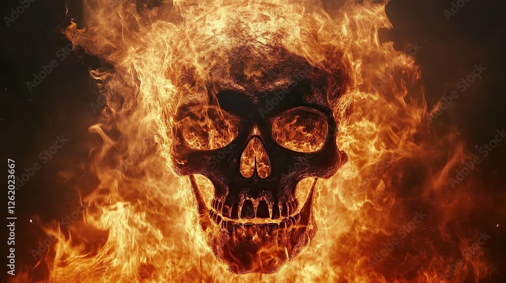A fiery skull surrounded by flames, symbolizing danger or death. A fiery skull surrounded by flames, symbolizing danger or death.