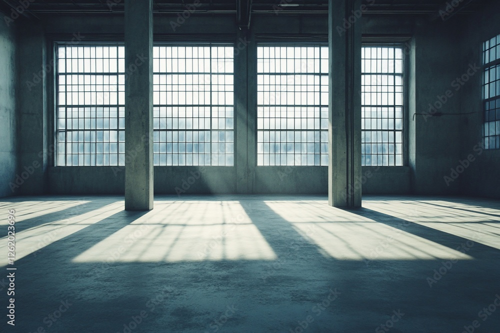 Sunlit industrial warehouse interior with large windows and concrete pillars. Sunlit industrial warehouse interior with large windows and concrete pillars.
