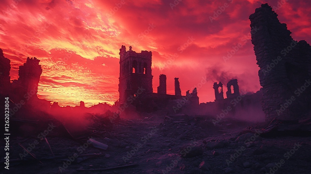 Obraz premium Apocalyptic sunset over ruined city, smoke, destruction, red sky.