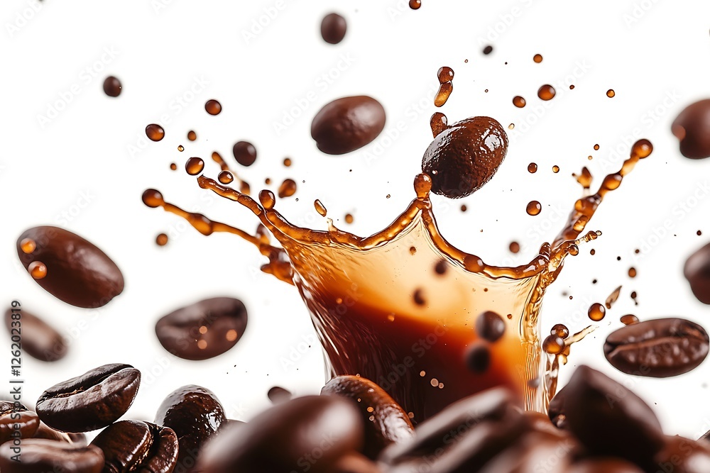Coffee beans splashing into coffee, with droplets suspended in mid-motion, ultra-clear HD shot with a white background highlighting the burst. Coffee beans splashing into coffee, with droplets suspended in mid-motion, ultra-clear HD shot with a white background highlighting the burst.