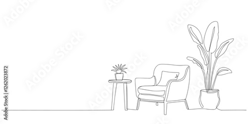 continuous line drawing showcases minimalist Scandinavian furniture and plant. Cozy corner with a modern chair and greenery in a minimalist setting.