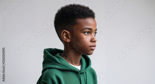 Black African boy green hoodie young teen side view portrait on plain white background