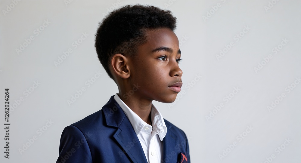 Black African boy navy blue blazer young teen side view portrait on plain white background Black African boy navy blue blazer young teen side view portrait on plain white background