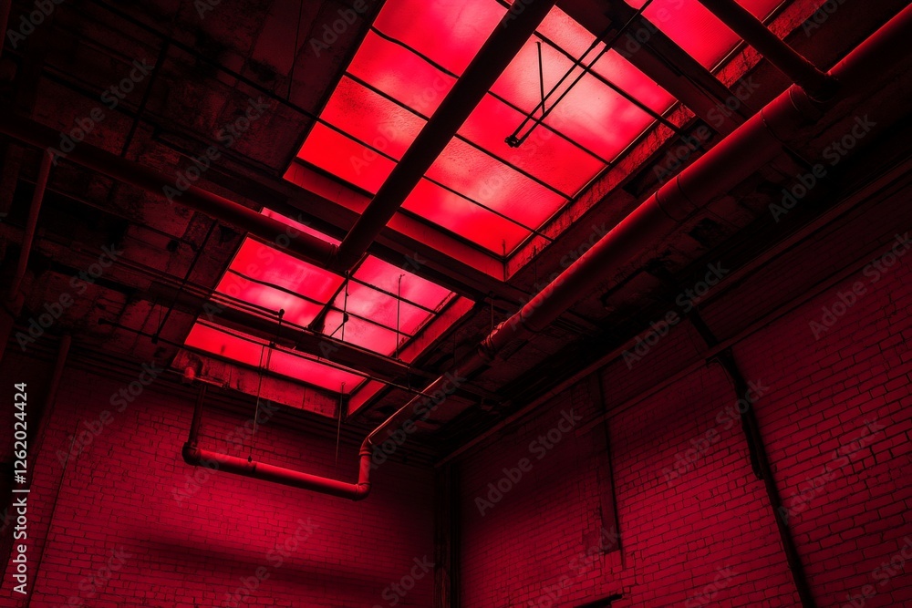 Red-lit industrial interior with exposed pipes and skylights. Red-lit industrial interior with exposed pipes and skylights.