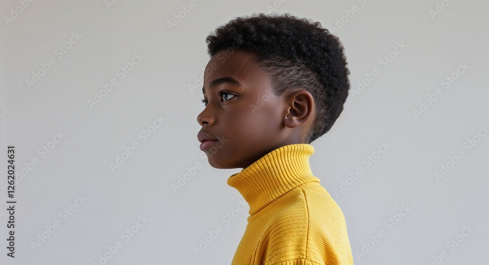 Obraz premium Black African boy yellow turtleneck young teen side view portrait on plain white background