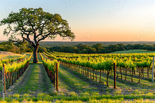 Serene sunset over a Texas vineyard, showcasing rows of grapevines and a majestic oak tree.  Ideal for wine labels, travel brochures, or agricultural publications.
