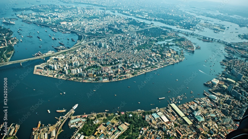 Naklejka premium Aerial view of city harbor with busy port and shipping, dense urban sprawl